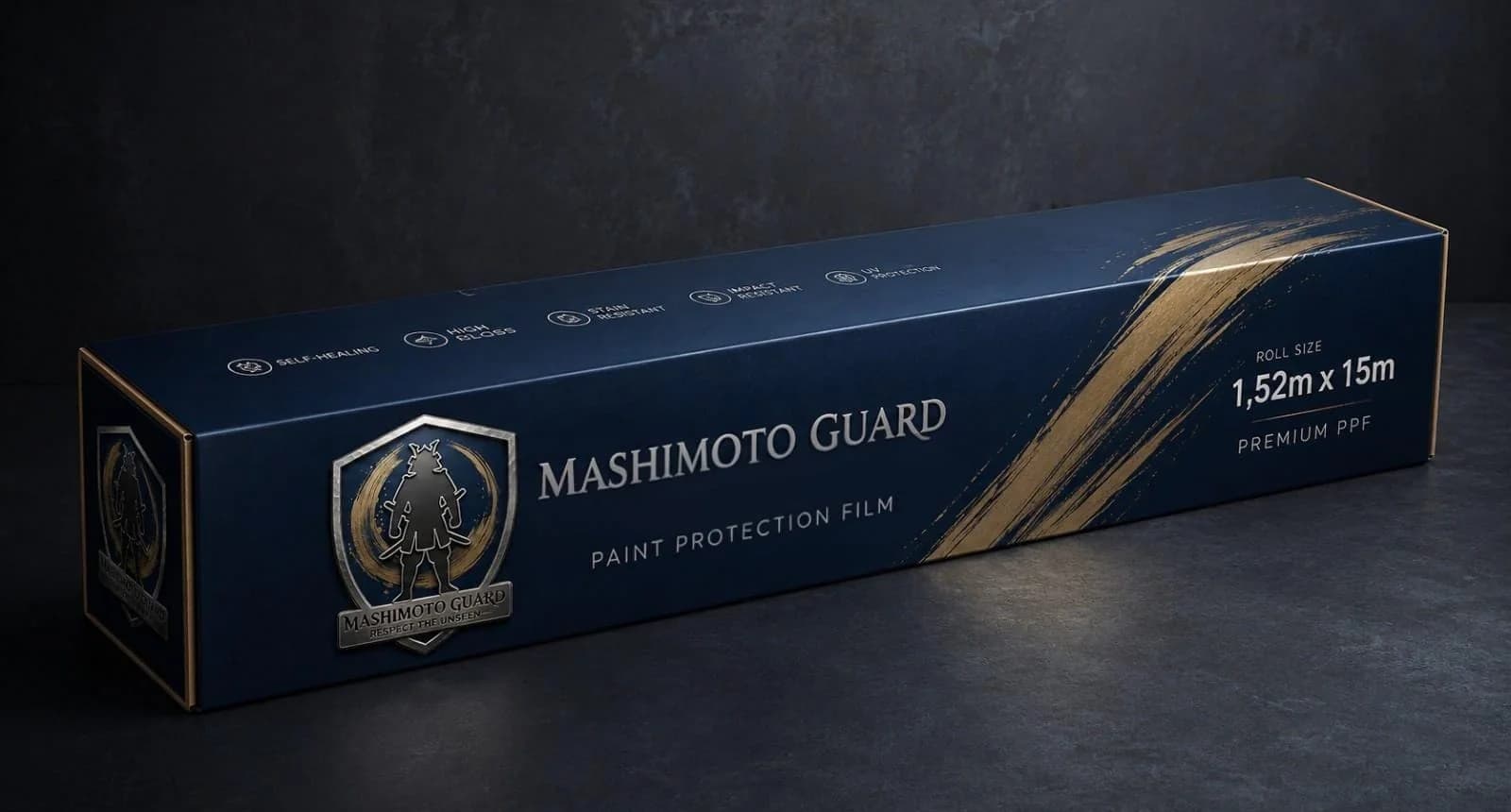 Caixa do PPF Mashimoto Guard com os selos self-healing, high gloss, stain resistant, impact resistant e UV protection