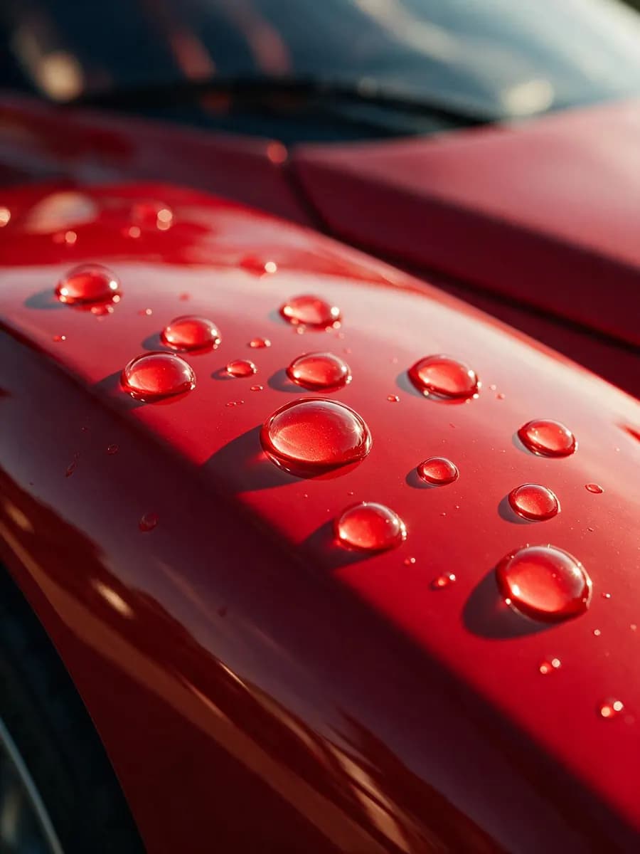 Gotas de água sobre pintura vermelha protegida