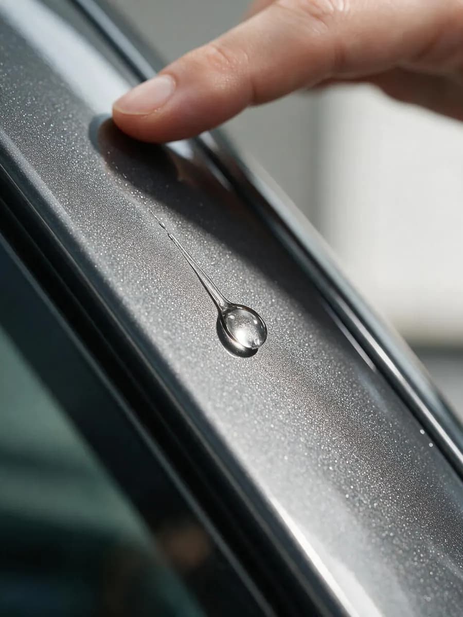 Gota de água escorrendo pela coluna do carro