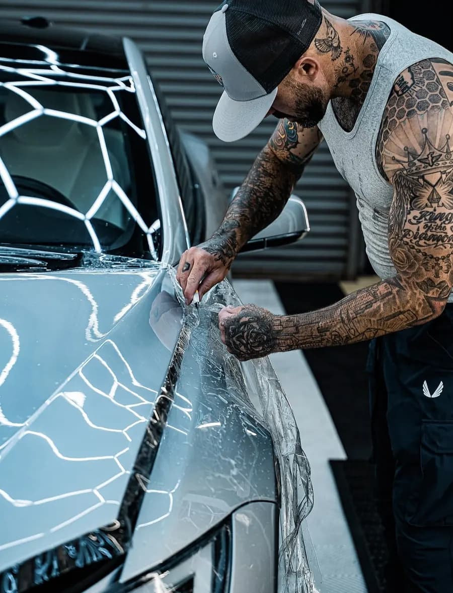 Instalador recortando o PPF na lateral do carro