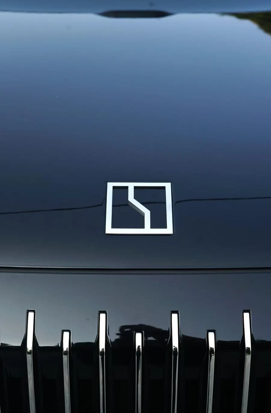 Capô preto com emblema e brilho profundo